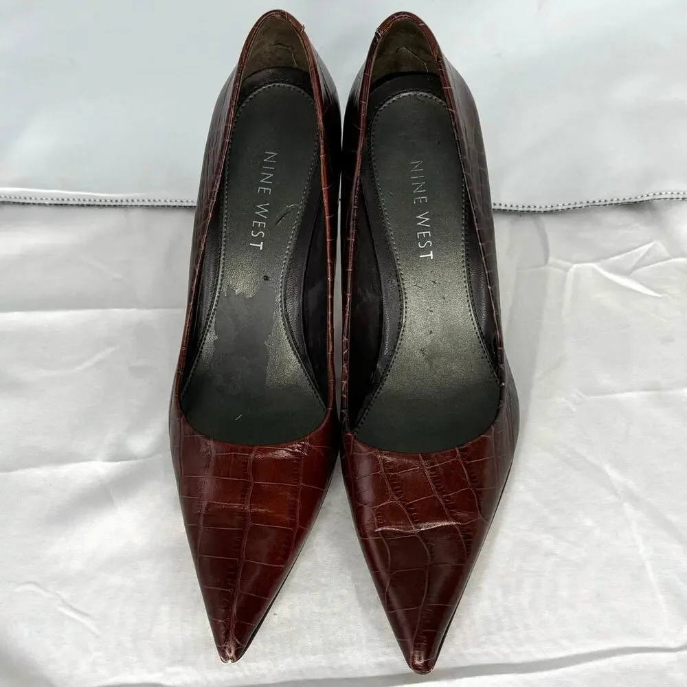 Nine West Brown Pointed Toe Pumps | Faux Croc | Size 5M